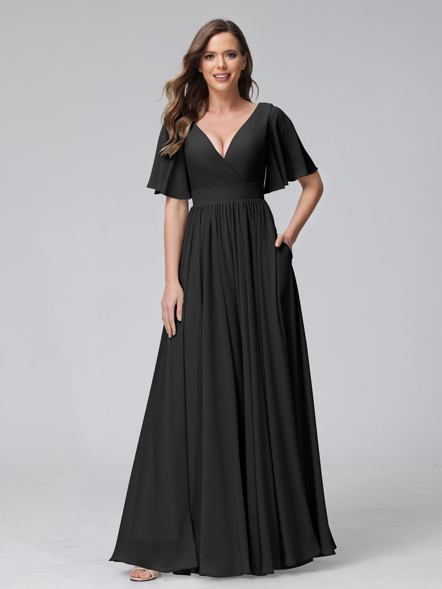 A-Line V-Neck Half Sleeves Long Chiffon Bridesmaid Dresses with Ruffles Split Side Pockets Black