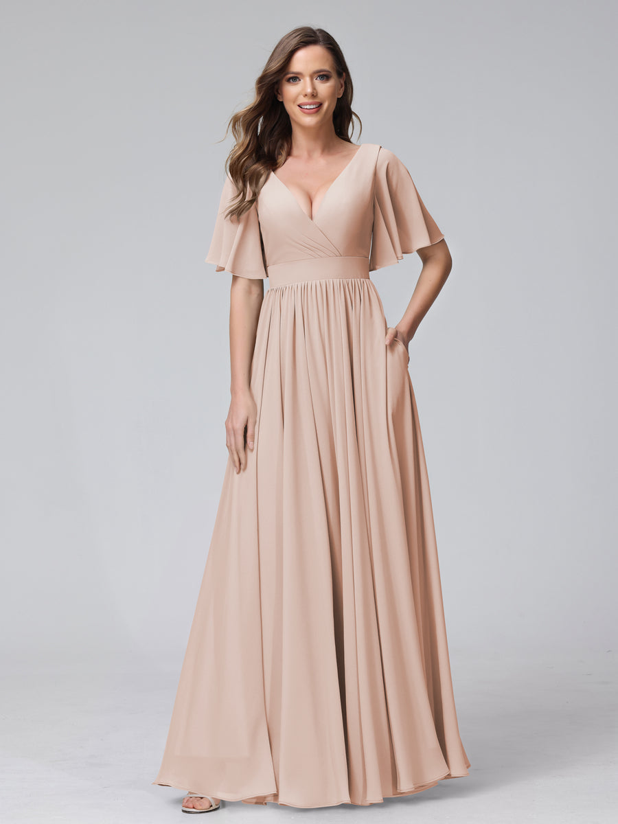A-Line V-Neck Half Sleeves Long Chiffon Bridesmaid Dresses with Ruffles Split Side Pockets Blush Pink