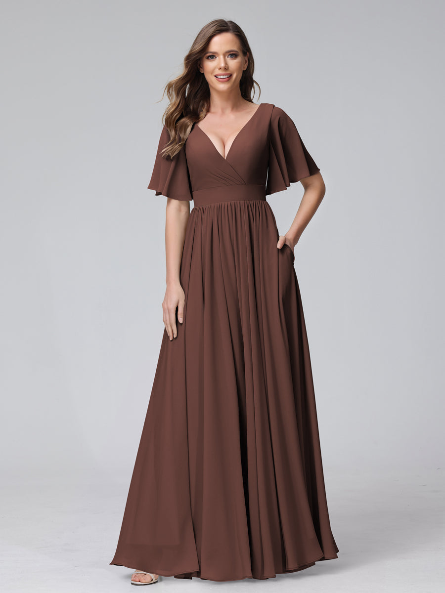 A-Line V-Neck Half Sleeves Long Chiffon Bridesmaid Dresses with Ruffles Split Side Pockets Brown