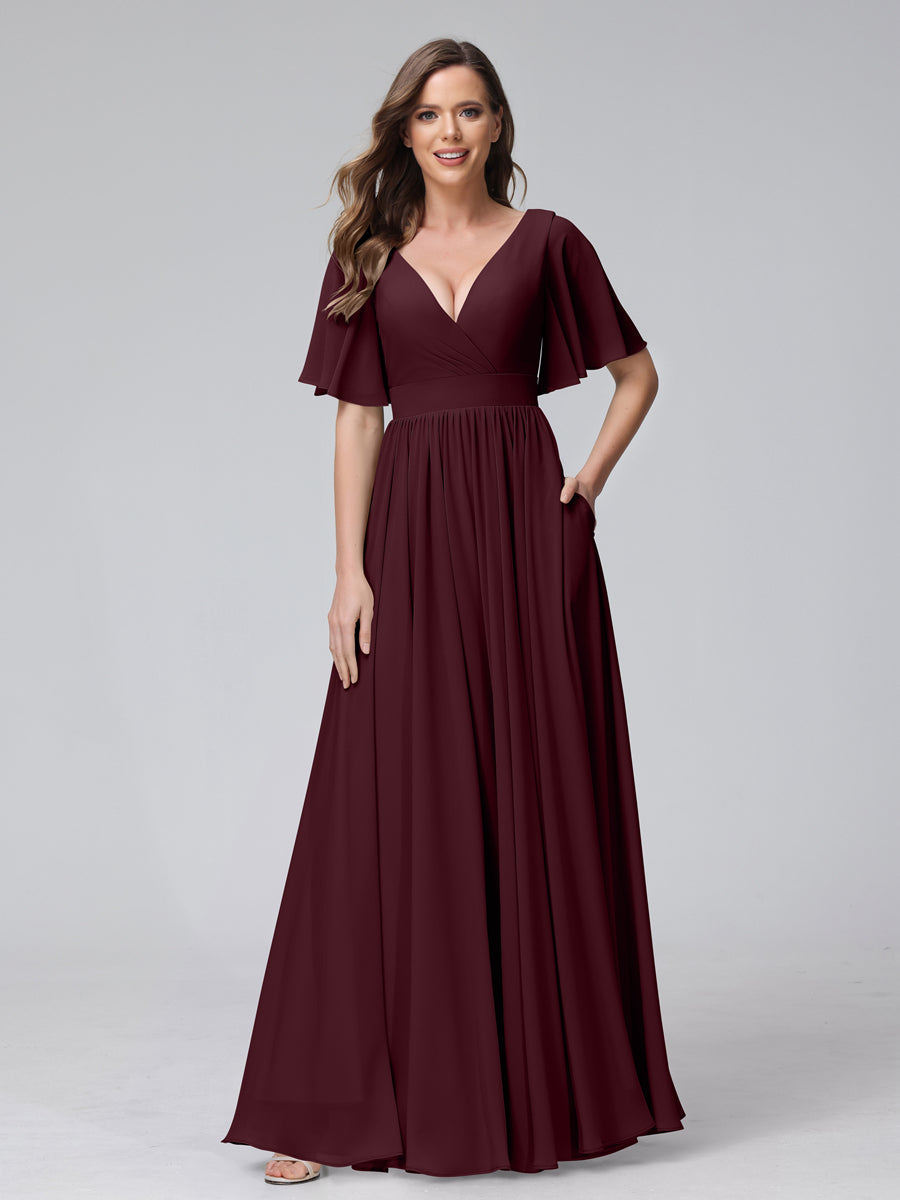 A-Line V-Neck Half Sleeves Long Chiffon Bridesmaid Dresses with Ruffles Split Side Pockets Burgundy