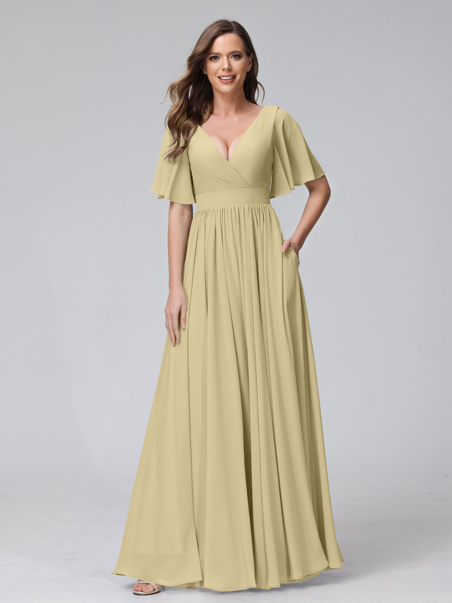 A-Line V-Neck Half Sleeves Long Chiffon Bridesmaid Dresses with Ruffles Split Side Pockets Champagne