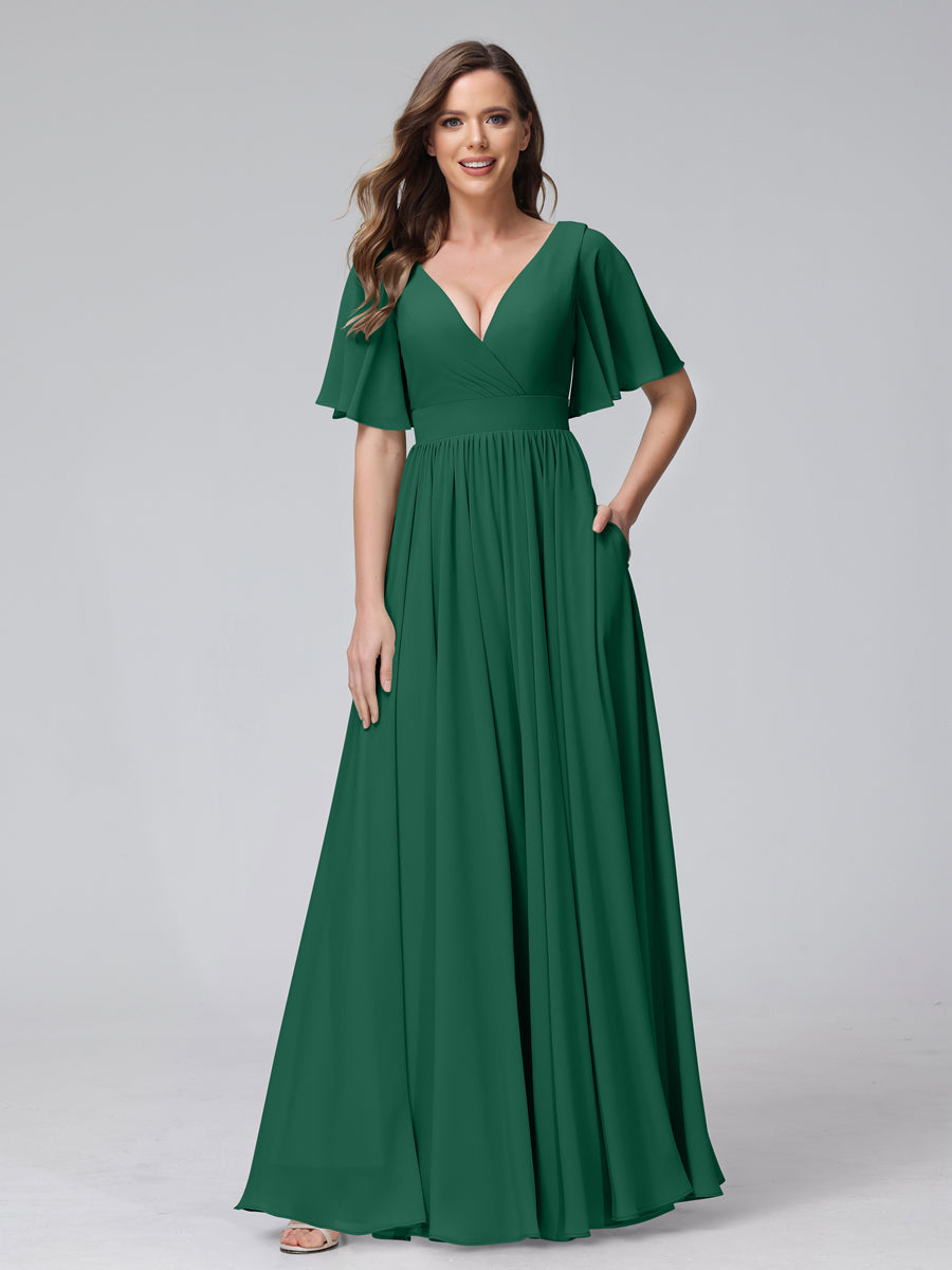 A-Line V-Neck Half Sleeves Long Chiffon Bridesmaid Dresses with Ruffles Split Side Pockets Dark Green
