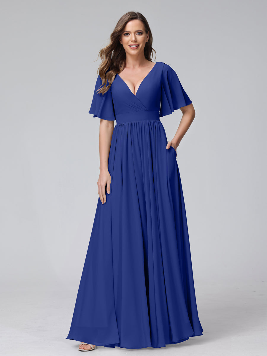 A-Line V-Neck Half Sleeves Long Chiffon Bridesmaid Dresses with Ruffles Split Side Pockets Dark Royal Blue