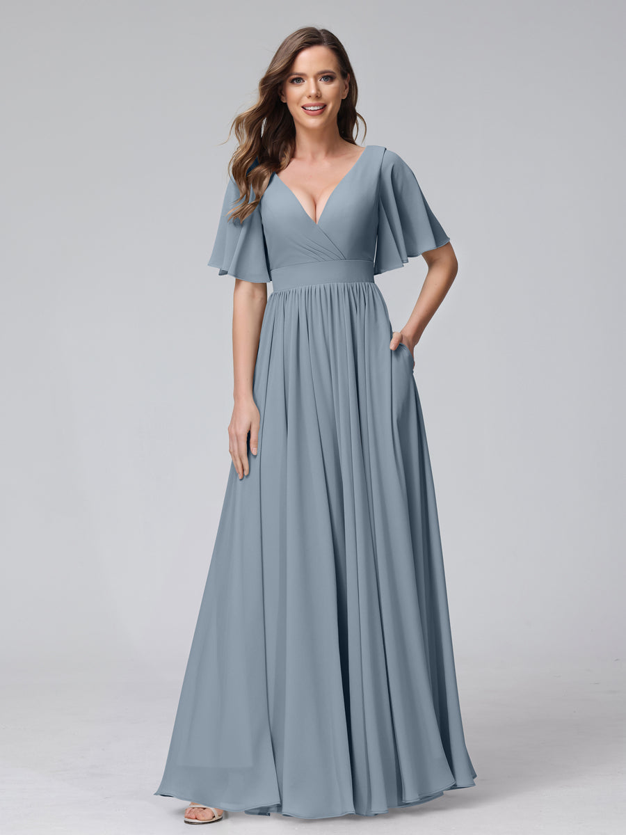 A-Line V-Neck Half Sleeves Long Chiffon Bridesmaid Dresses with Ruffles Split Side Pockets Dusty Blue