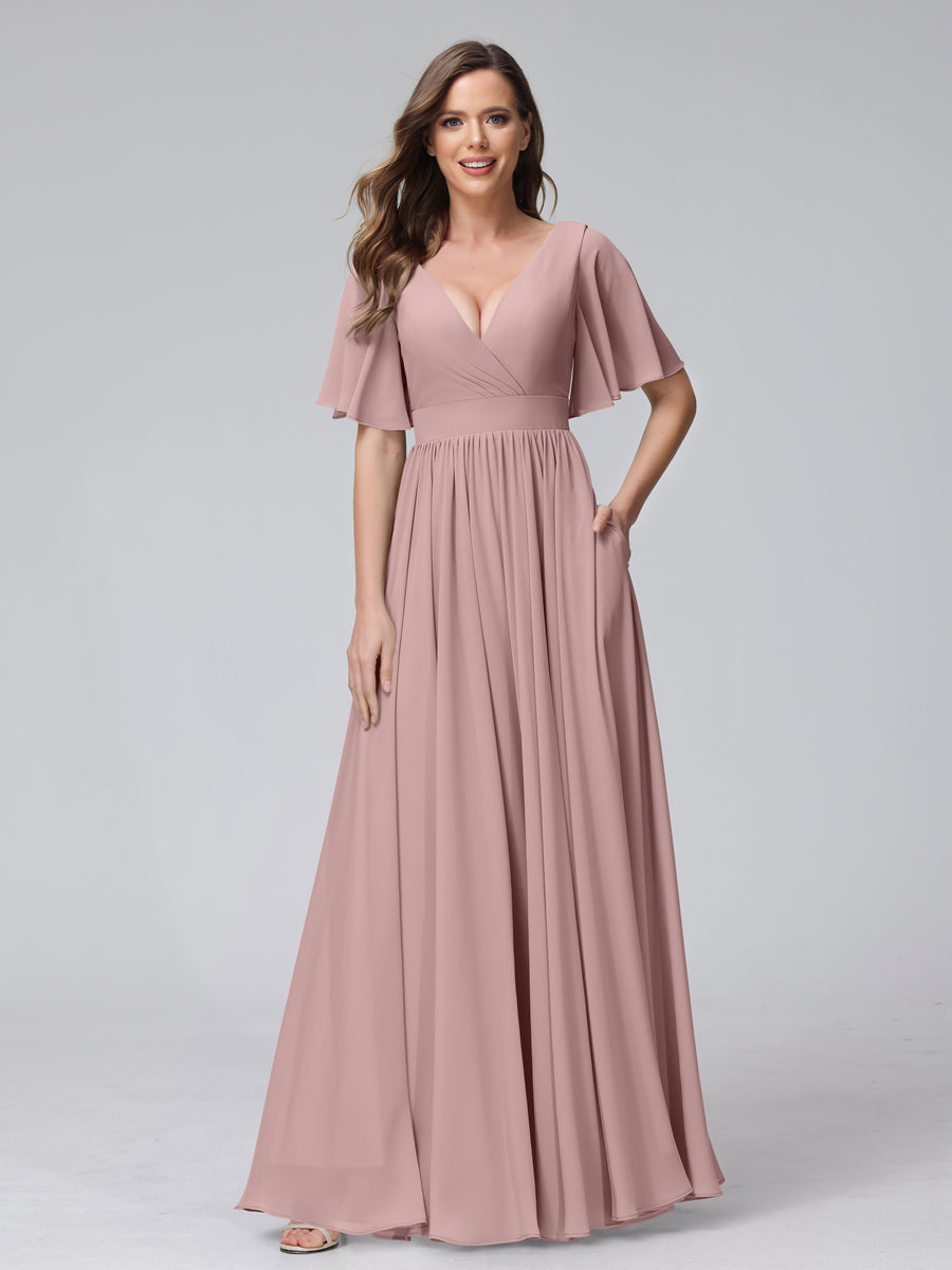 A-Line V-Neck Half Sleeves Long Chiffon Bridesmaid Dresses with Ruffles Split Side Pockets Dusty Pink