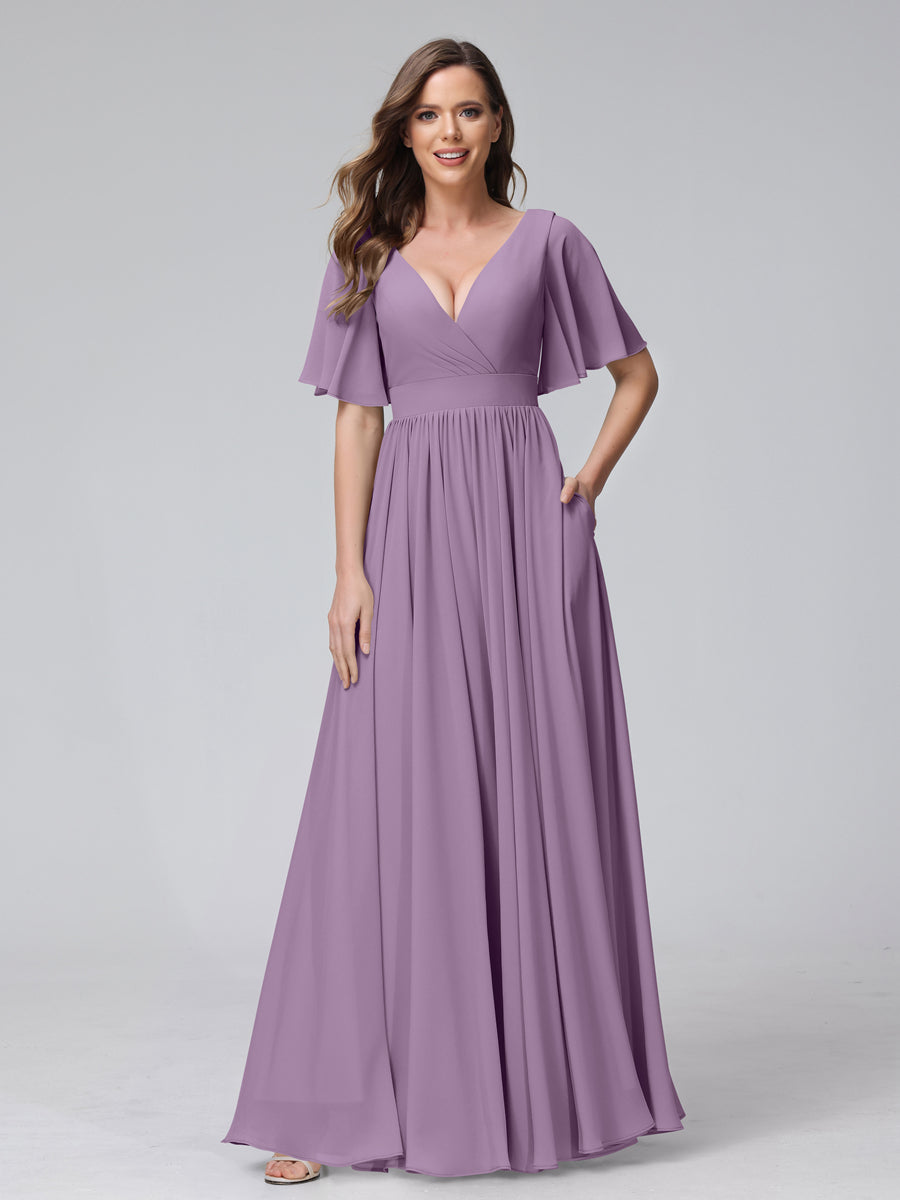 A-Line V-Neck Half Sleeves Long Chiffon Bridesmaid Dresses with Ruffles Split Side Pockets Dusty Purple