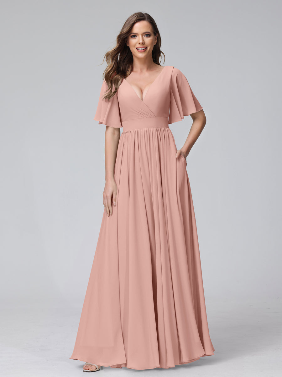 A-Line V-Neck Half Sleeves Long Chiffon Bridesmaid Dresses with Ruffles Split Side Pockets Dusty Rose