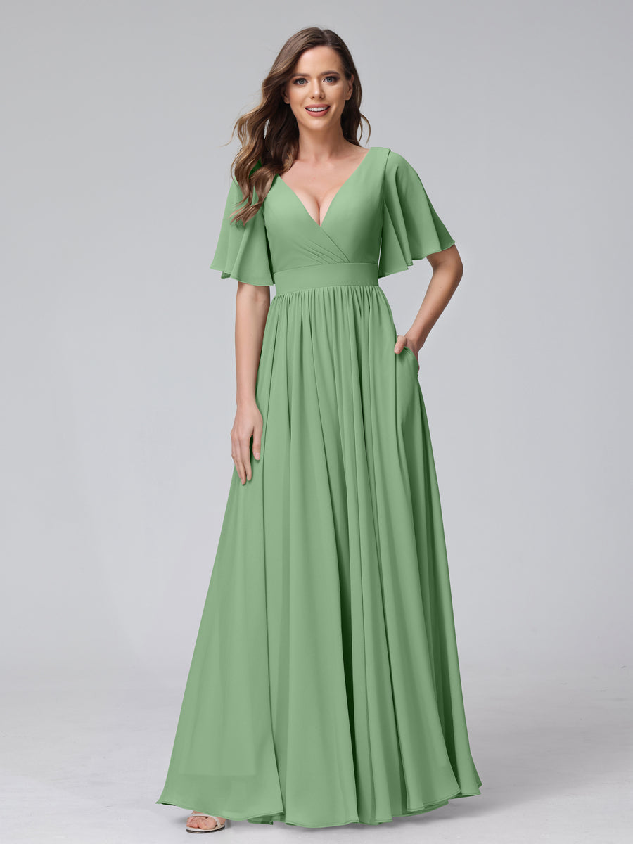 A-Line V-Neck Half Sleeves Long Chiffon Bridesmaid Dresses with Ruffles Split Side Pockets Dusty Sage