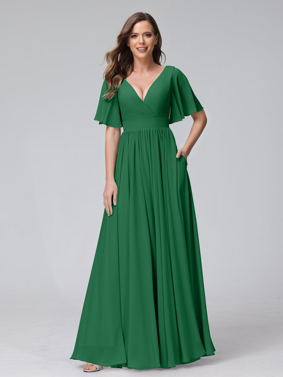 A-Line V-Neck Half Sleeves Long Chiffon Bridesmaid Dresses with Ruffles Split Side Pockets Emerald