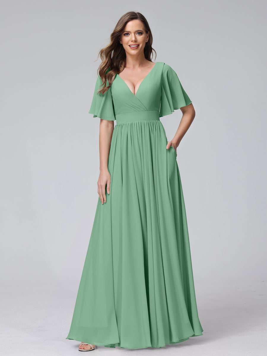 A-Line V-Neck Half Sleeves Long Chiffon Bridesmaid Dresses with Ruffles Split Side Pockets Eucalyptus