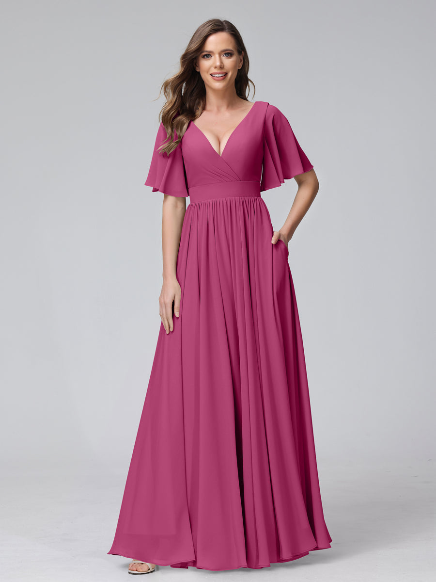 A-Line V-Neck Half Sleeves Long Chiffon Bridesmaid Dresses with Ruffles Split Side Pockets Fuchsia