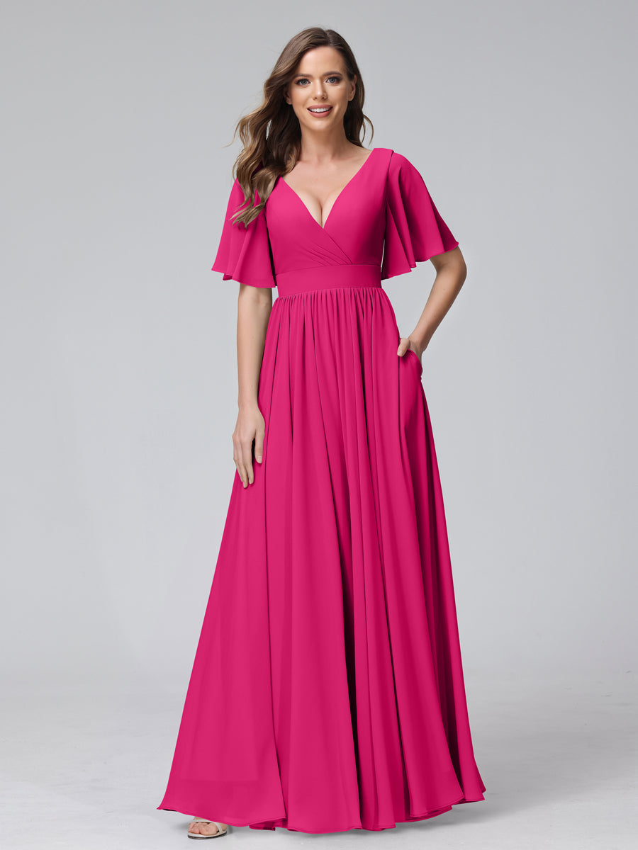 A-Line V-Neck Half Sleeves Long Chiffon Bridesmaid Dresses with Ruffles Split Side Pockets Fuchsia Pink