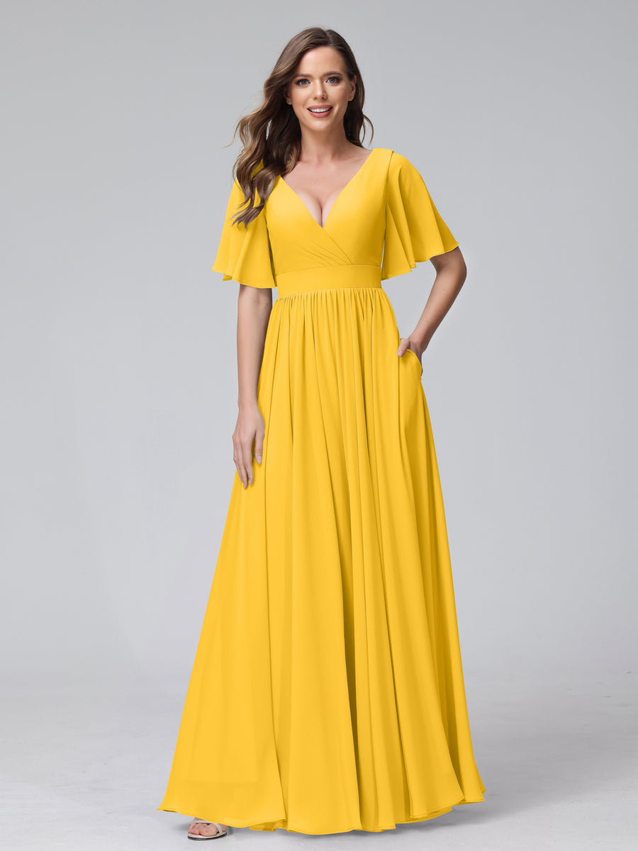 A-Line V-Neck Half Sleeves Long Chiffon Bridesmaid Dresses with Ruffles Split Side Pockets Gold