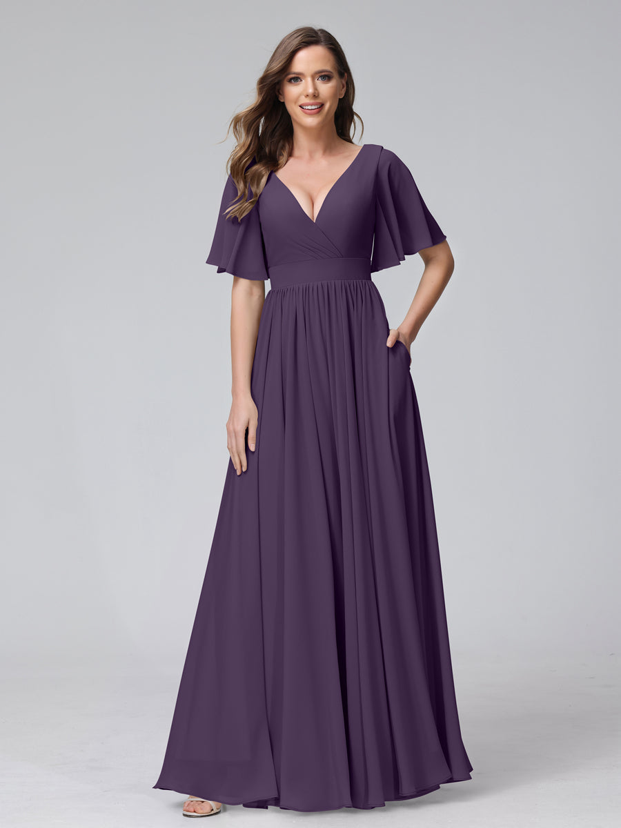A-Line V-Neck Half Sleeves Long Chiffon Bridesmaid Dresses with Ruffles Split Side Pockets Grape