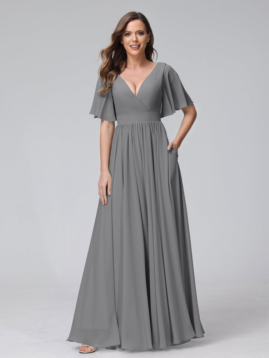 A-Line V-Neck Half Sleeves Long Chiffon Bridesmaid Dresses with Ruffles Split Side Pockets Gray