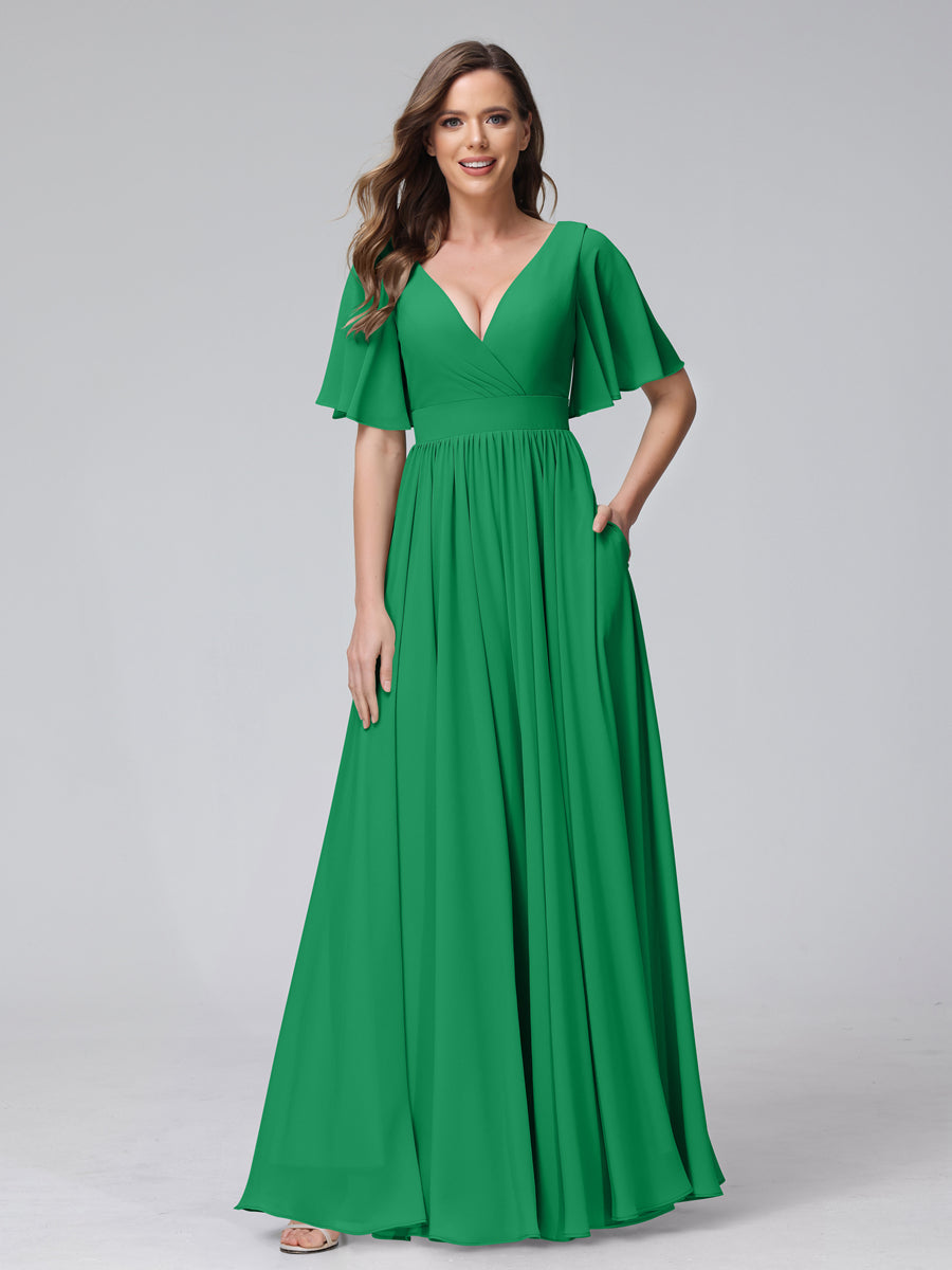 A-Line V-Neck Half Sleeves Long Chiffon Bridesmaid Dresses with Ruffles Split Side Pockets Green