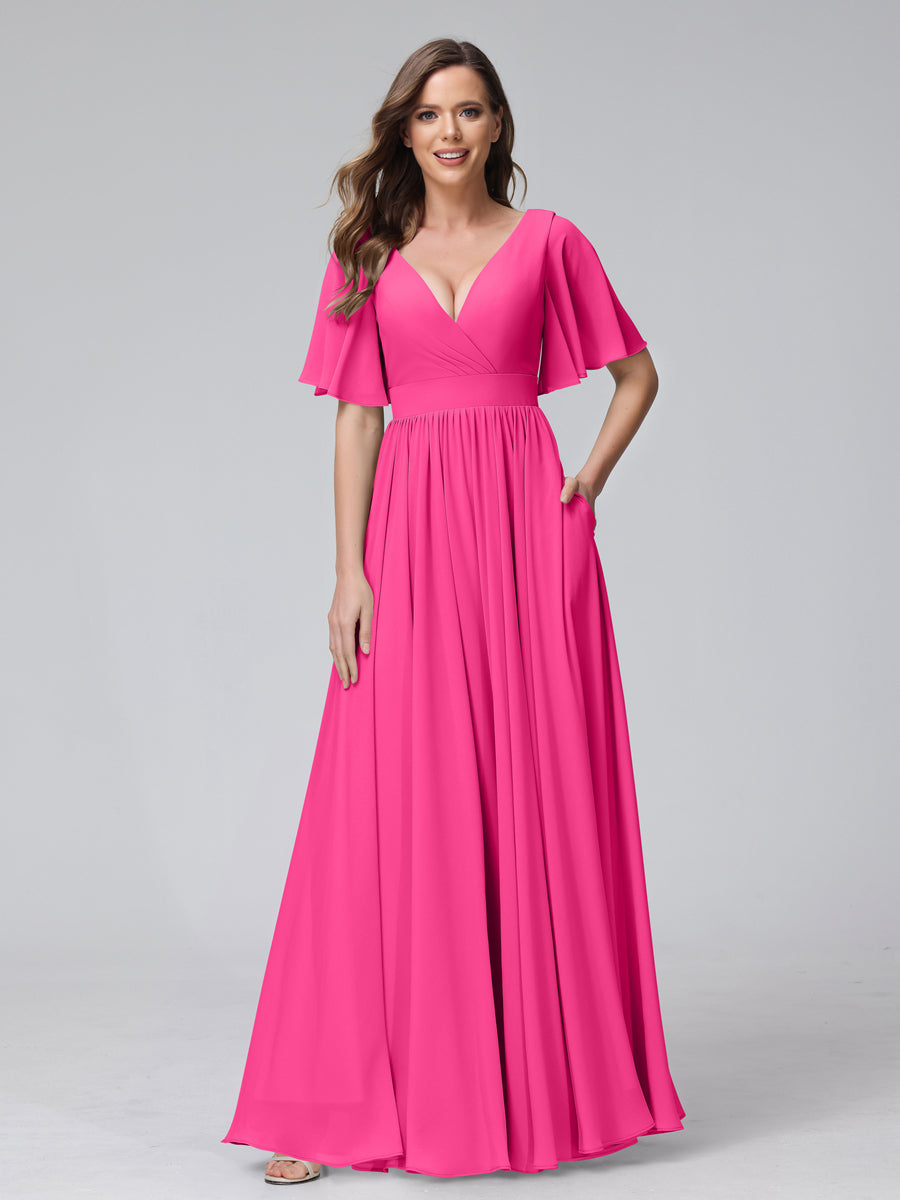 A-Line V-Neck Half Sleeves Long Chiffon Bridesmaid Dresses with Ruffles Split Side Pockets Hot Pink