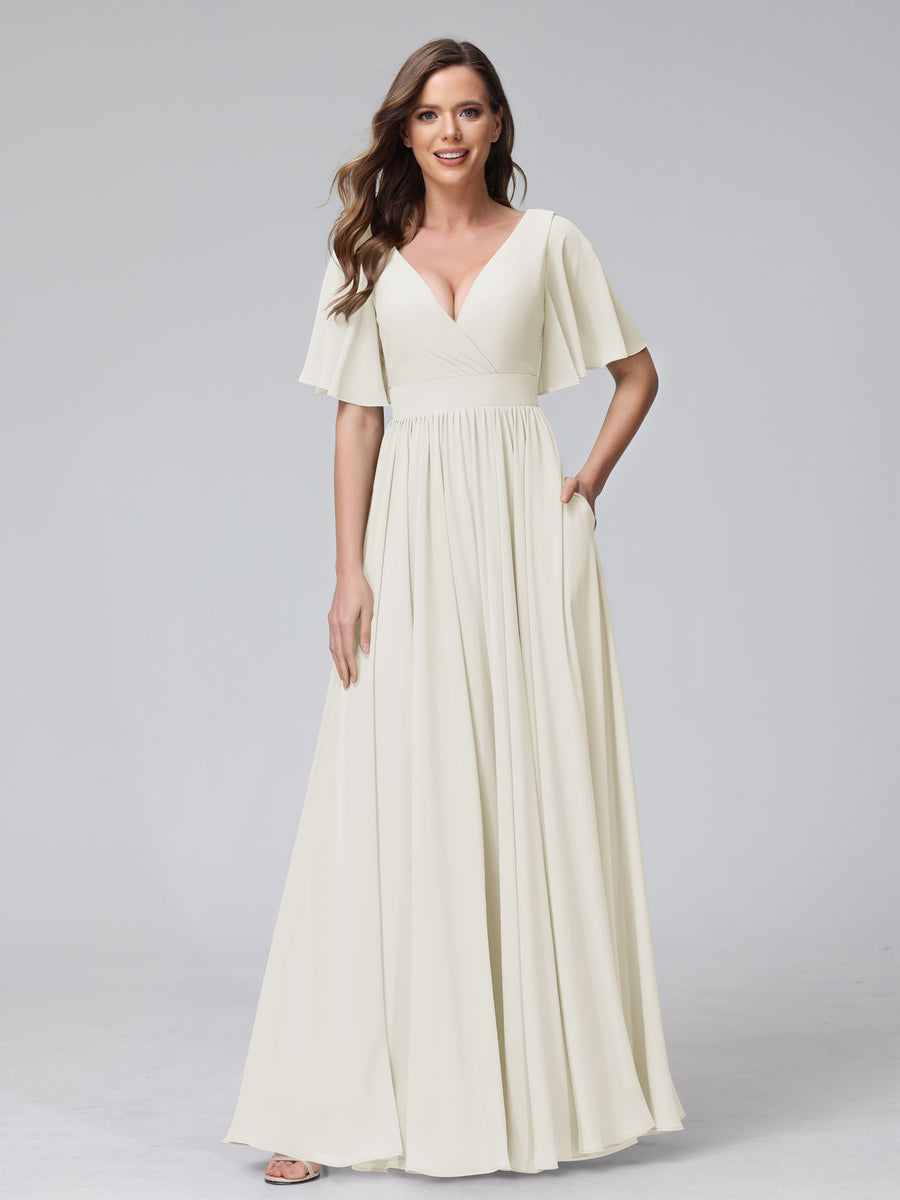 A-Line V-Neck Half Sleeves Long Chiffon Bridesmaid Dresses with Ruffles Split Side Pockets Ivory