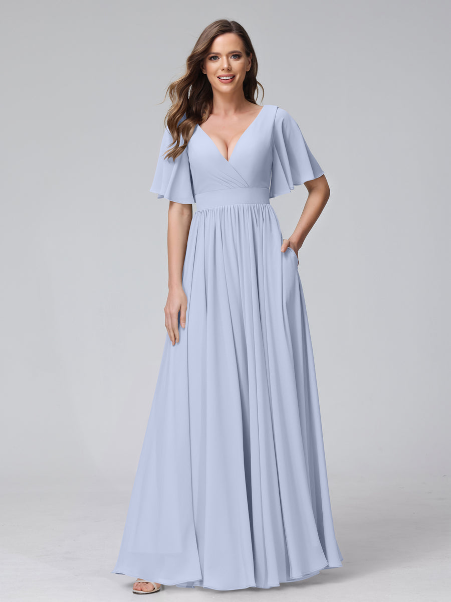 A-Line V-Neck Half Sleeves Long Chiffon Bridesmaid Dresses with Ruffles Split Side Pockets Lavender