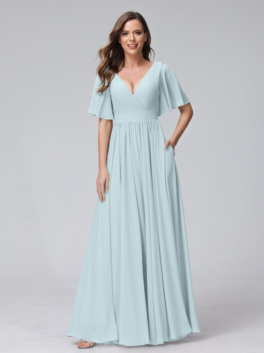A-Line V-Neck Half Sleeves Long Chiffon Bridesmaid Dresses with Ruffles Split Side Pockets Light Blue