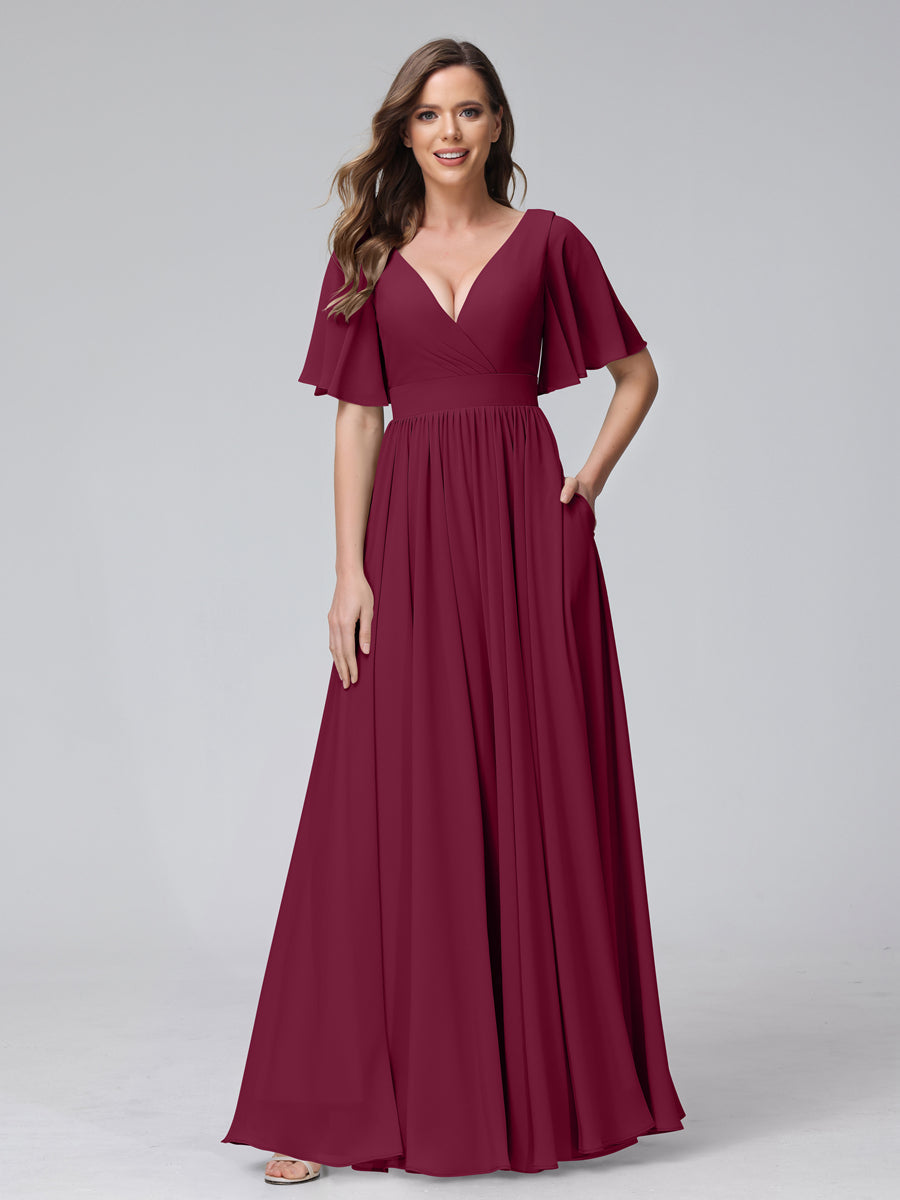A-Line V-Neck Half Sleeves Long Chiffon Bridesmaid Dresses with Ruffles Split Side Pockets Light Burgundy