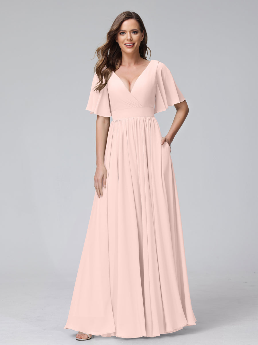 A-Line V-Neck Half Sleeves Long Chiffon Bridesmaid Dresses with Ruffles Split Side Pockets Light Pink