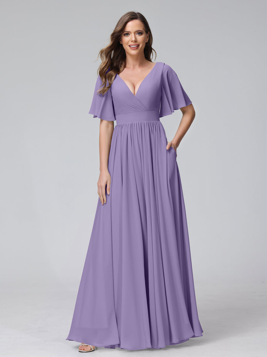 A-Line V-Neck Half Sleeves Long Chiffon Bridesmaid Dresses with Ruffles Split Side Pockets Light Purple