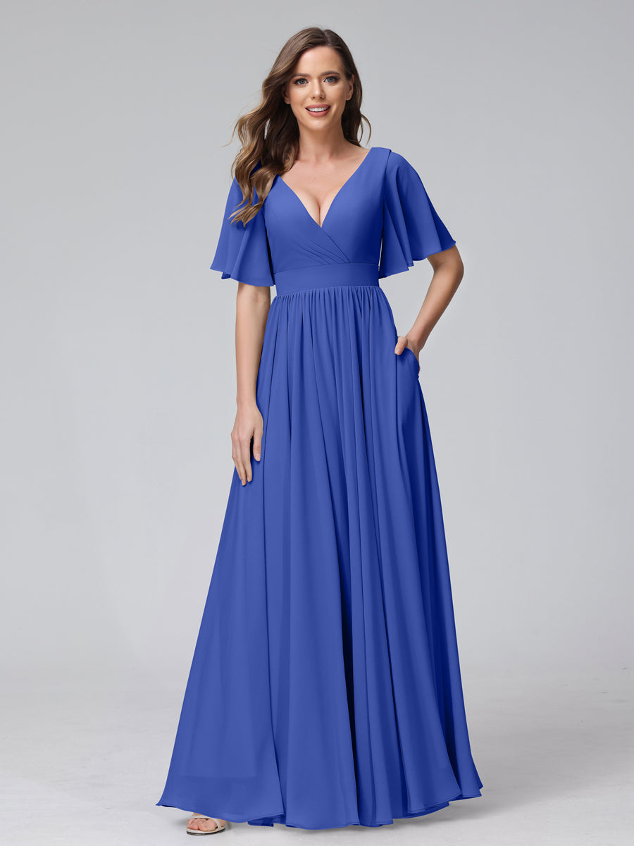 A-Line V-Neck Half Sleeves Long Chiffon Bridesmaid Dresses with Ruffles Split Side Pockets Light Royal Blue