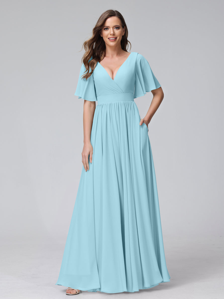 A-Line V-Neck Half Sleeves Long Chiffon Bridesmaid Dresses with Ruffles Split Side Pockets Light Sky Blue