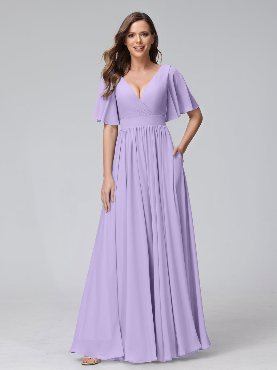 A-Line V-Neck Half Sleeves Long Chiffon Bridesmaid Dresses with Ruffles Split Side Pockets Lilac