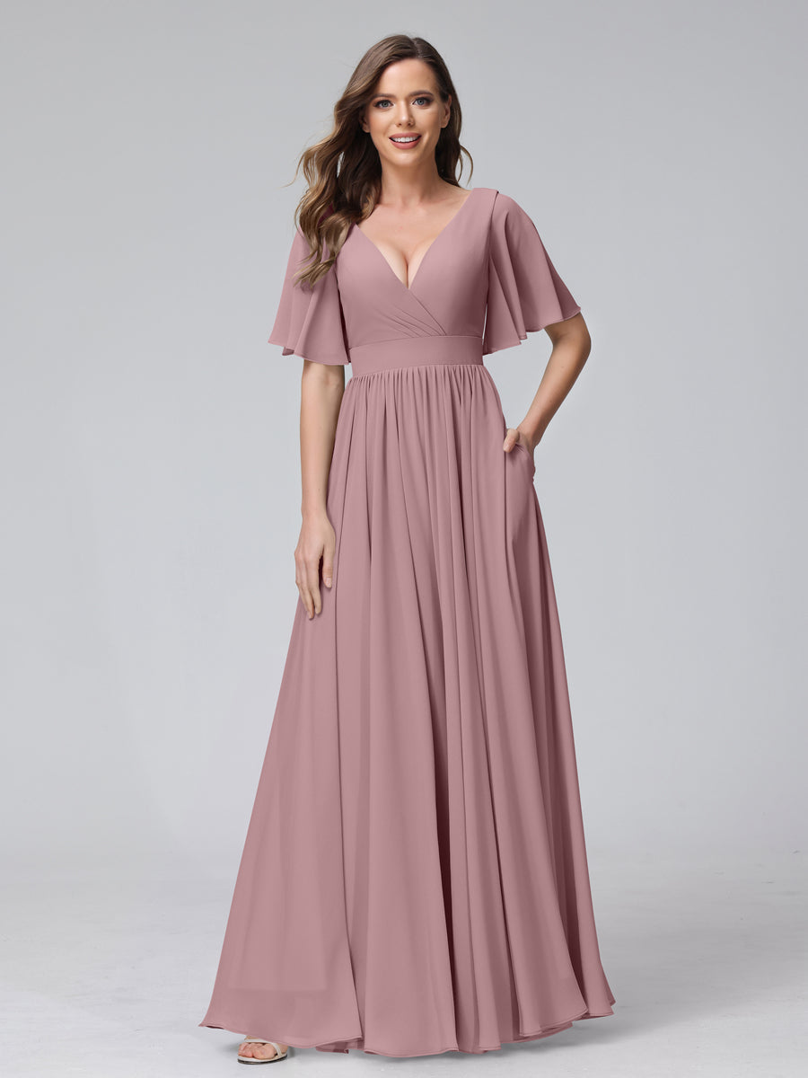A-Line V-Neck Half Sleeves Long Chiffon Bridesmaid Dresses with Ruffles Split Side Pockets Mauve