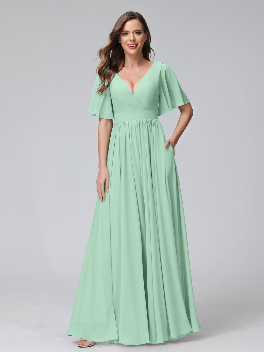 A-Line V-Neck Half Sleeves Long Chiffon Bridesmaid Dresses with Ruffles Split Side Pockets Mint Green