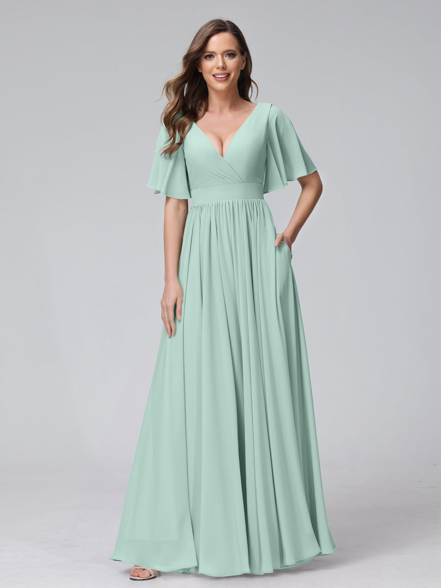 A-Line V-Neck Half Sleeves Long Chiffon Bridesmaid Dresses with Ruffles Split Side Pockets Mist Blue