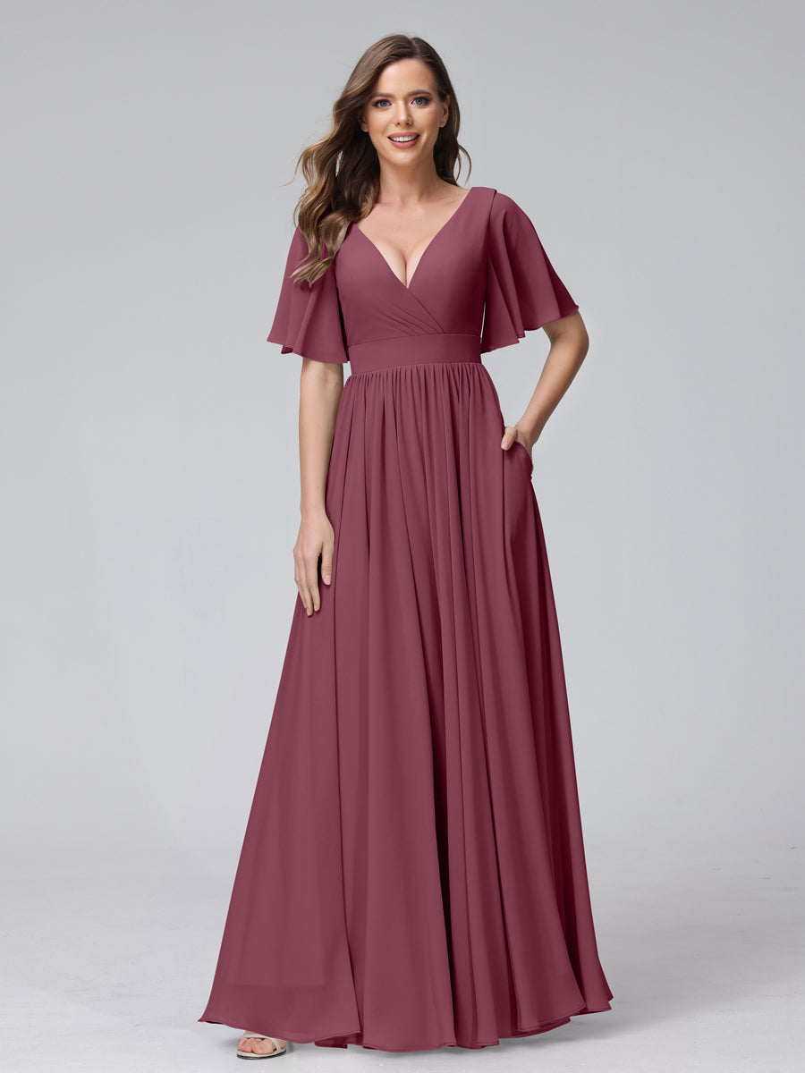 A-Line V-Neck Half Sleeves Long Chiffon Bridesmaid Dresses with Ruffles Split Side Pockets Mulberry