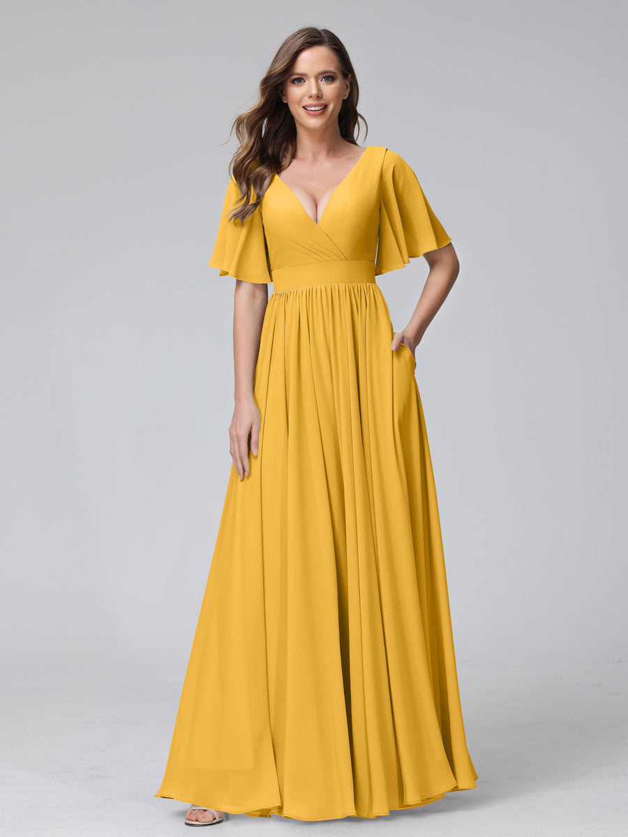A-Line V-Neck Half Sleeves Long Chiffon Bridesmaid Dresses with Ruffles Split Side Pockets Mustard Yellow
