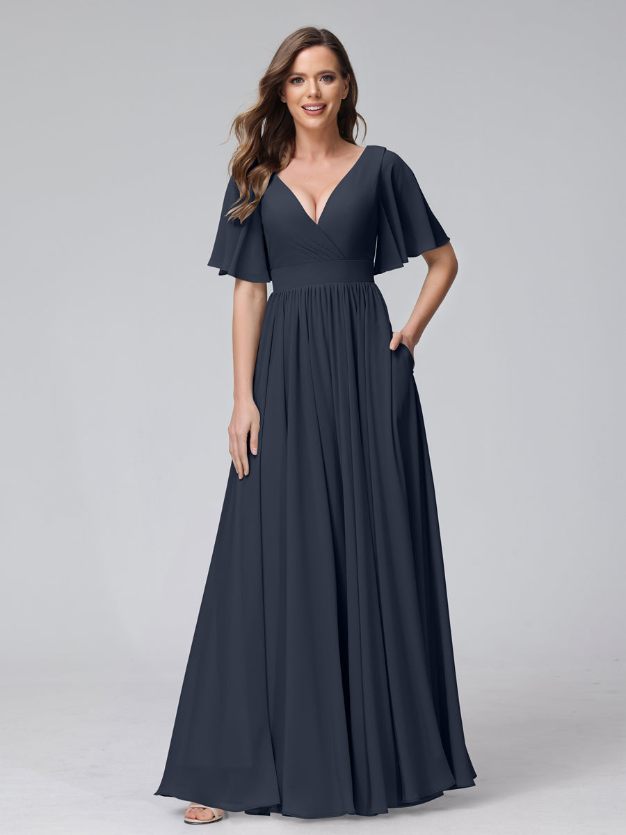 A-Line V-Neck Half Sleeves Long Chiffon Bridesmaid Dresses with Ruffles Split Side Pockets Navy Blue