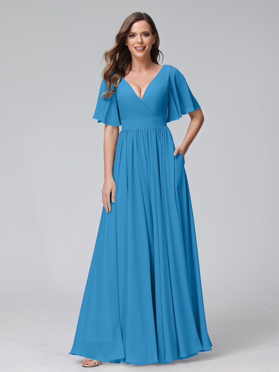 A-Line V-Neck Half Sleeves Long Chiffon Bridesmaid Dresses with Ruffles Split Side Pockets Ocean Blue
