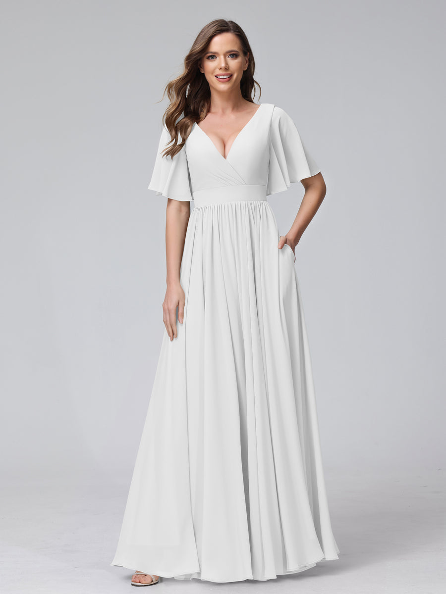 A-Line V-Neck Half Sleeves Long Chiffon Bridesmaid Dresses with Ruffles Split Side Pockets Off White