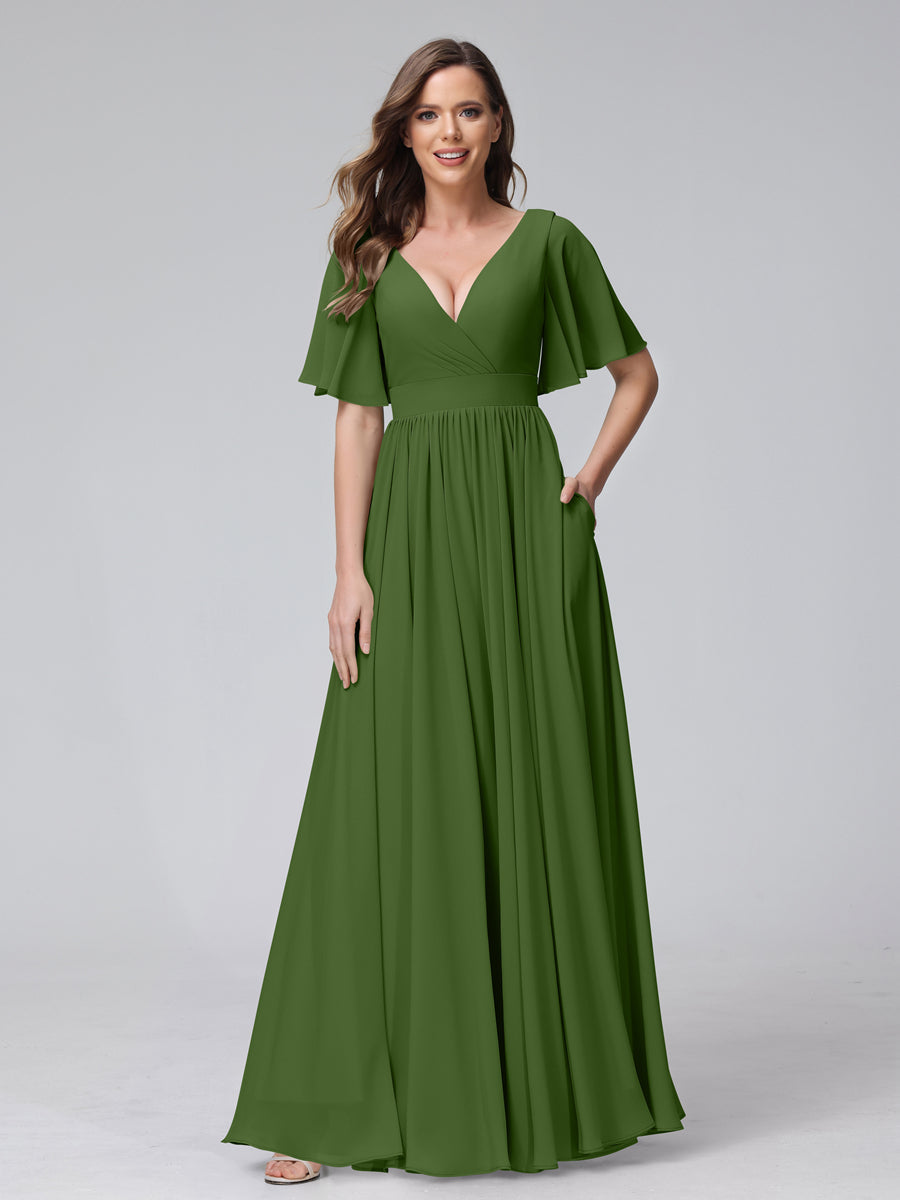 A-Line V-Neck Half Sleeves Long Chiffon Bridesmaid Dresses with Ruffles Split Side Pockets Olive Green