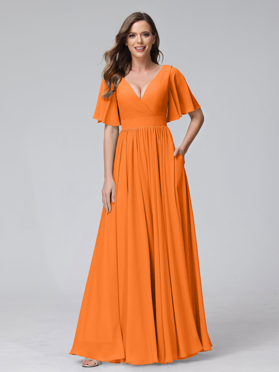 A-Line V-Neck Half Sleeves Long Chiffon Bridesmaid Dresses with Ruffles Split Side Pockets Orange