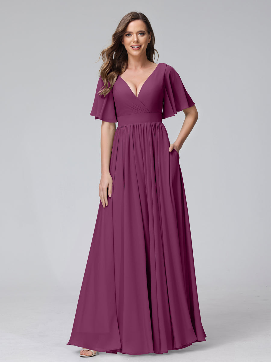 A-Line V-Neck Half Sleeves Long Chiffon Bridesmaid Dresses with Ruffles Split Side Pockets Orchid