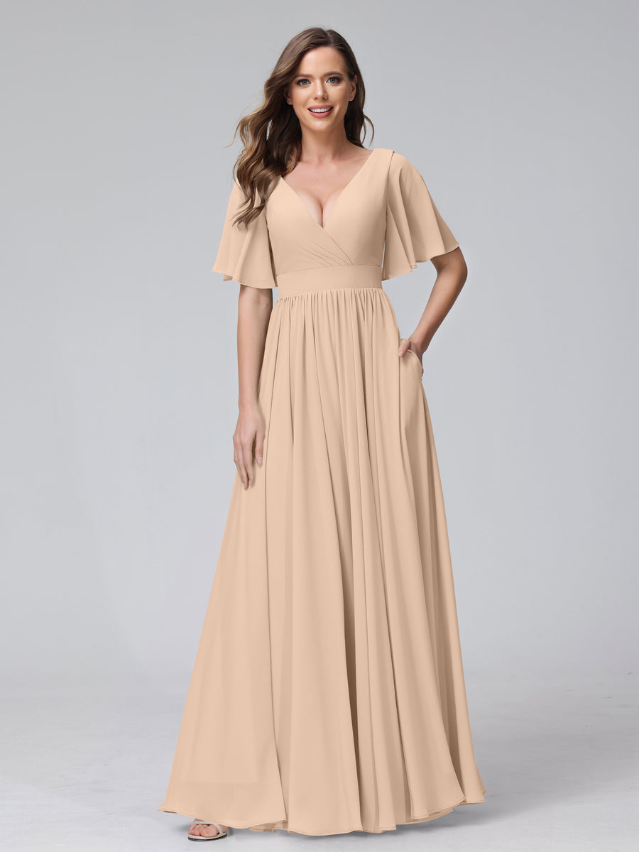 A-Line V-Neck Half Sleeves Long Chiffon Bridesmaid Dresses with Ruffles Split Side Pockets Peach Pink