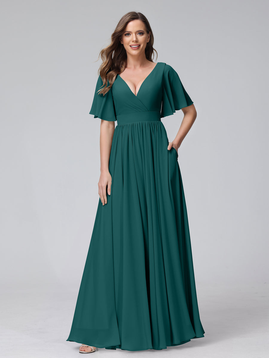 A-Line V-Neck Half Sleeves Long Chiffon Bridesmaid Dresses with Ruffles Split Side Pockets Peacock