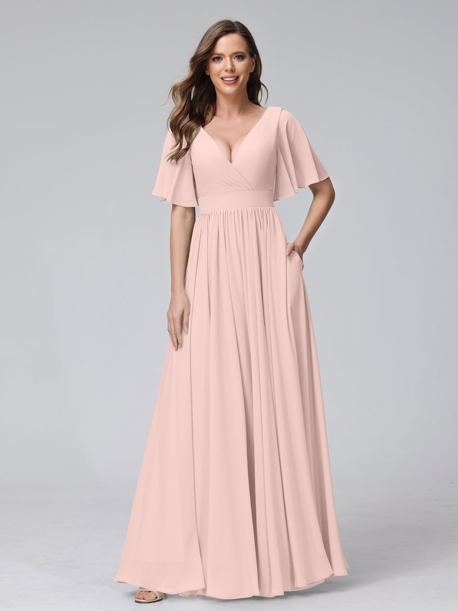 A-Line V-Neck Half Sleeves Long Chiffon Bridesmaid Dresses with Ruffles Split Side Pockets Pearl Pink