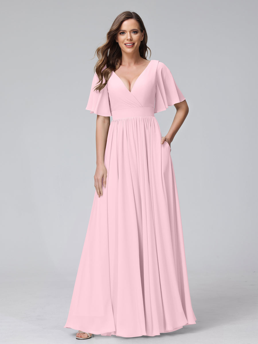 A-Line V-Neck Half Sleeves Long Chiffon Bridesmaid Dresses with Ruffles Split Side Pockets Pink