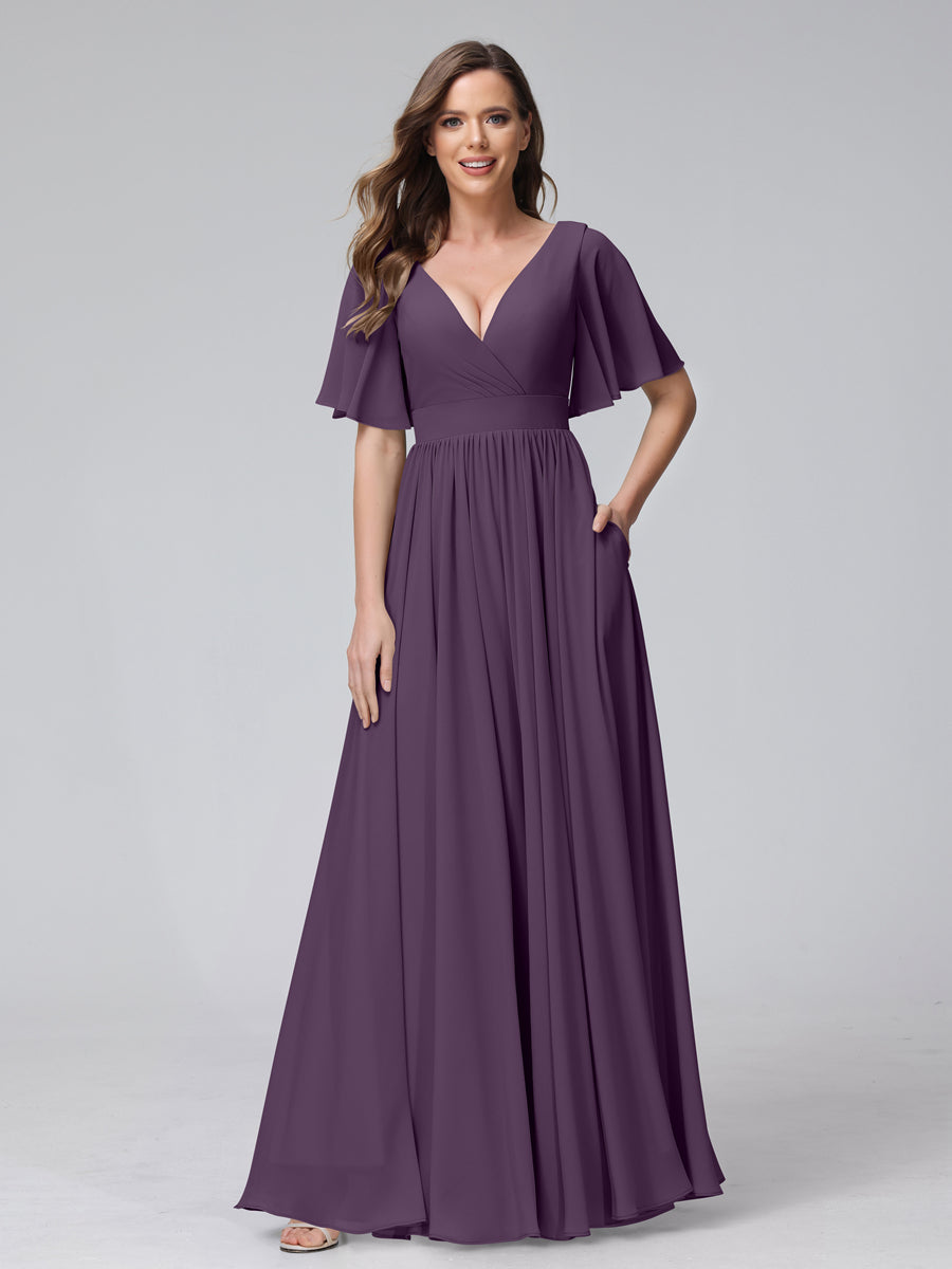 A-Line V-Neck Half Sleeves Long Chiffon Bridesmaid Dresses with Ruffles Split Side Pockets Plum