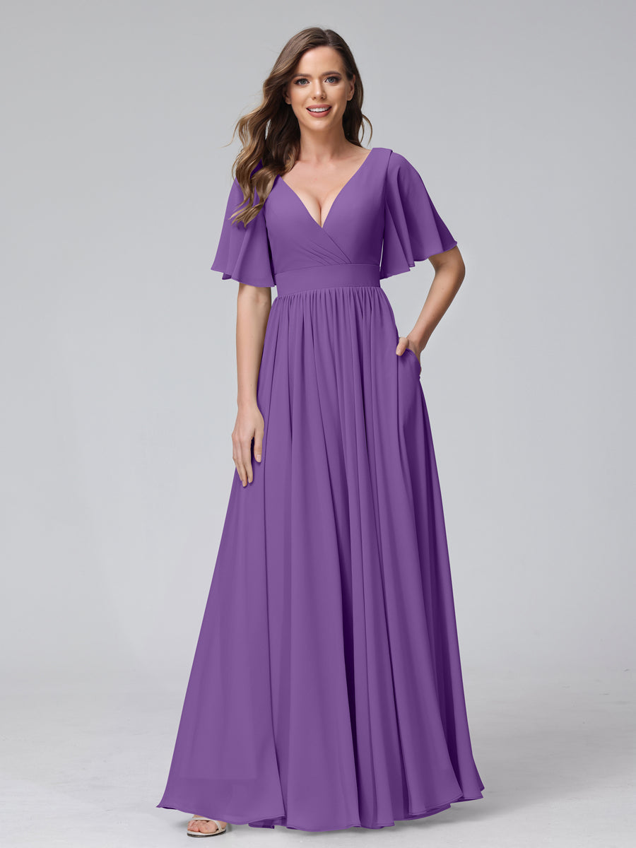 A-Line V-Neck Half Sleeves Long Chiffon Bridesmaid Dresses with Ruffles Split Side Pockets Purple