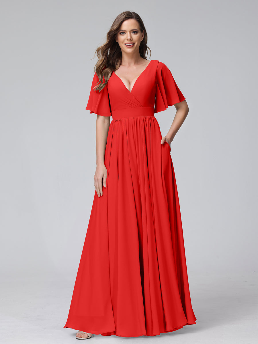 A-Line V-Neck Half Sleeves Long Chiffon Bridesmaid Dresses with Ruffles Split Side Pockets Red