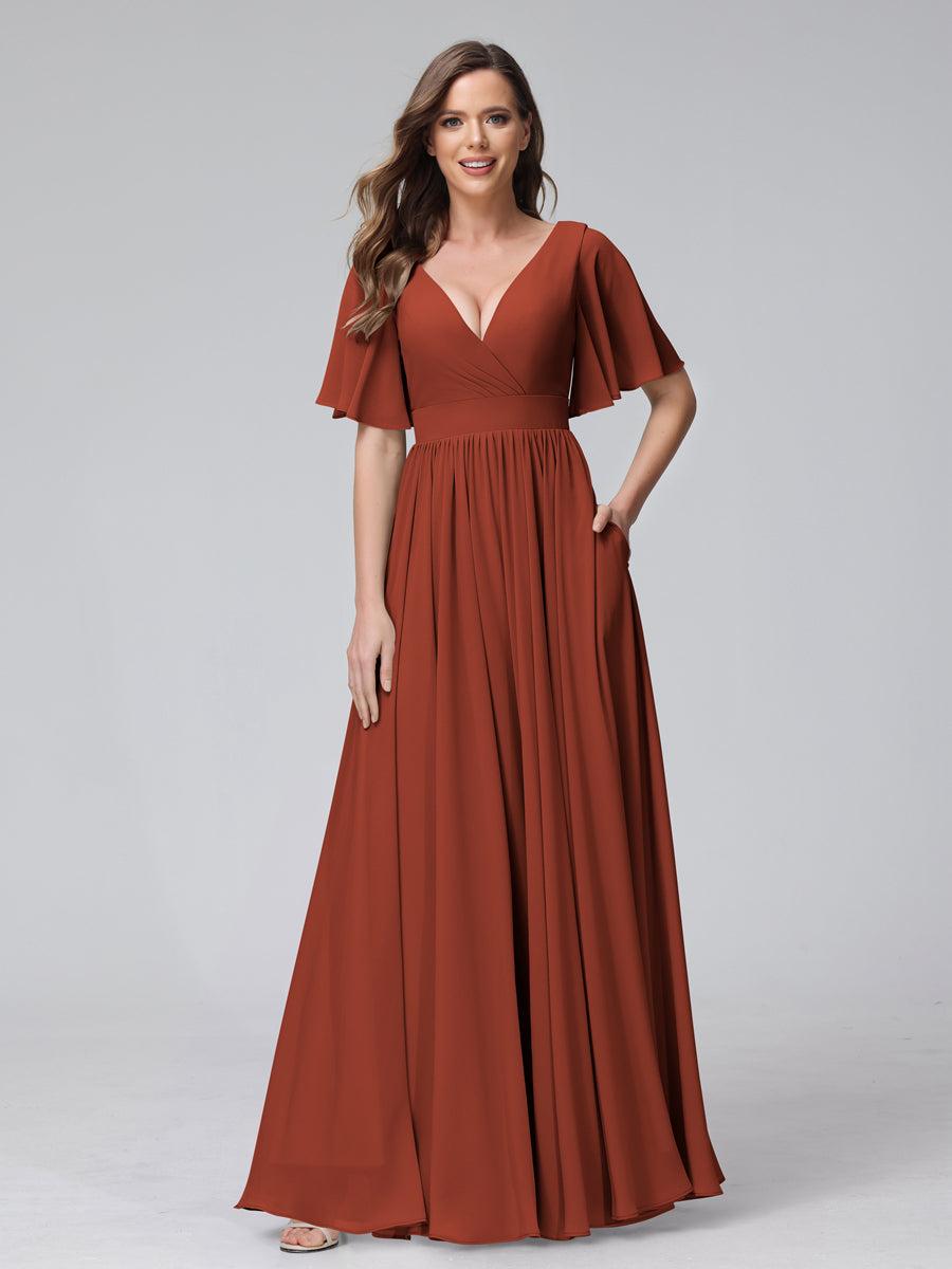 A-Line V-Neck Half Sleeves Long Chiffon Bridesmaid Dresses with Ruffles Split Side Pockets Rust