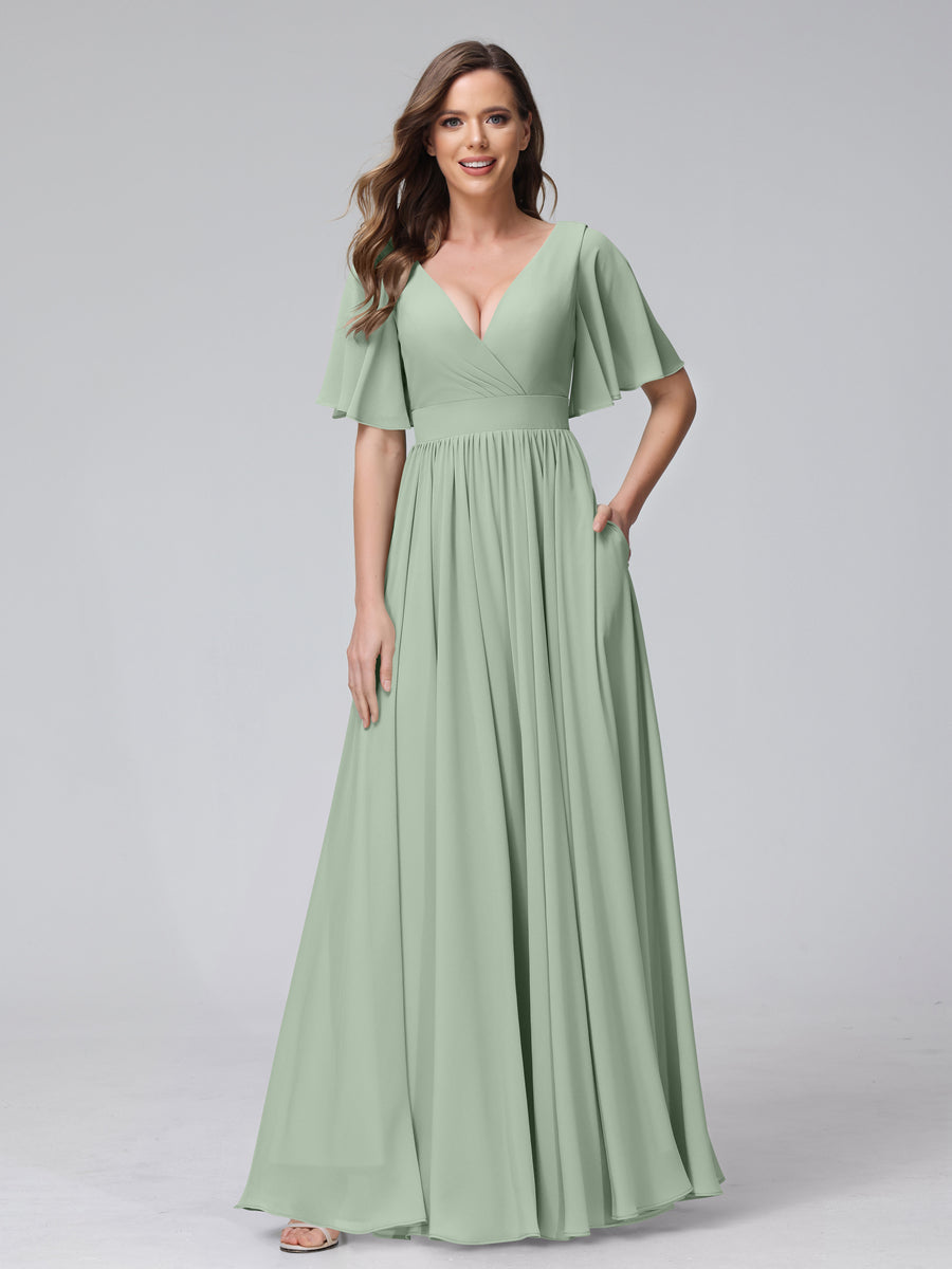 A-Line V-Neck Half Sleeves Long Chiffon Bridesmaid Dresses with Ruffles Split Side Pockets Sage